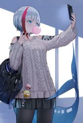 Rule 34 | 1girl, admiral graf spee (azur lane), admiral graf spee (peaceful daily life) (azur lane), azur lane, badge, bag, bare shoulders, black pantyhose, blue eyes, bob cut, blowing bubbles, button badge, cellphone, chewing gum, choker, collarbone, commentary, english commentary, fins, fish tail, handbag, highres, holding, holding phone, indoors, multicolored hair, nonh (wormoftank), pantyhose, phone, pleated skirt, ribbed sweater, selfie, shark tail, short hair, skirt, smartphone, solo, streaked hair, sweater, tail, v, white hair, window