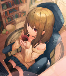 Rule 34 | 1girl, absurdres, black thighhighs, book, bookshelf, breasts, brown hair, carpet, chair, coffee mug, commentary, cup, from above, hair between eyes, hair tie, highres, holding, indoors, keyboard, long hair, looking away, low ponytail, medium breasts, mug, munseonghwa, off shoulder, original, parted lips, pillow, pleated skirt, red hair, sidelocks, sitting, skirt, sleeves past wrists, solo, symbol-only commentary, thighhighs