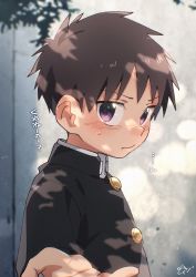 Rule 34 | 1boy, beckoning, black jacket, blurry, blurry background, blush, brown hair, closed mouth, commentary, from side, gakuran, highres, jacket, long sleeves, looking at viewer, male focus, original, outdoors, outstretched arm, purple eyes, reaching, reaching towards viewer, school uniform, short hair, signature, solo, sweatdrop, symbol-only commentary, teeth, translation request, upper body, wool bl