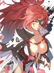 Rule 34 | 1girl, amputee, baiken, big hair, black jacket, black kimono, breasts, carcass (artist), cherry blossoms, cleavage, eyepatch, facial mark, guilty gear, guilty gear strive, highres, jacket, jacket on shoulders, japanese clothes, katana, kimono, large breasts, long hair, looking at viewer, multicolored clothes, multicolored kimono, one-eyed, open clothes, open kimono, petals, pink hair, ponytail, red eyes, samurai, sash, scar, scar across eye, scar on face, sheath, sheathed, simple background, skull print, solo, sword, weapon, white background, white kimono