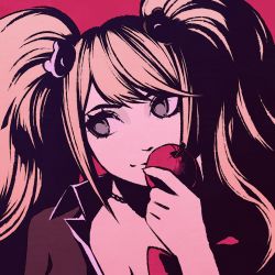 Rule 34 | 1girl, apple, bear hair ornament, black shirt, blonde hair, blouse, bow, collared shirt, danganronpa (series), enoshima junko, food, fruit, grey eyes, hair ornament, jewelry, long hair, moshimoshibe, necklace, portrait, rabbit hair ornament, red background, red bow, shirt, smile, solo, spoilers, twintails