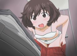 Rule 34 | 10s, 1girl, akiyama yukari, blush, bow, bow panties, bra, brown eyes, brown hair, clothes pull, commentary request, embarrassed, girls und panzer, leaning forward, looking at viewer, messy hair, minipat (sketch wall), miniskirt, navel, no shirt, open clothes, open mouth, open skirt, panties, pleated skirt, red skirt, saunders school uniform, school uniform, short hair, skirt, skirt pull, solo, sports bra, standing, toilet, toilet stall, underwear, white bra, white panties