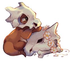 Rule 34 | creatures (company), crying, crying with eyes open, cubone, game freak, gen 1 pokemon, head wreath, nintendo, no humans, pokemon, pokemon (creature), simple background, sitting, sui (suizilla), tears, white background