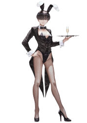 Rule 34 | 1girl, animal ears, black bow, black bowtie, black coat, black eyes, black footwear, black leotard, bow, bowtie, breasts, champagne flute, coat, coattails, commentary request, cup, detached collar, drinking glass, fishnet pantyhose, fishnets, full body, gakaku pr, hair over one eye, high heels, kaoming, leotard, looking at viewer, medium breasts, original, pantyhose, pinup (style), playboy bunny, purple theme, rabbit ears, red soles, shoes, short hair, simple background, solo, strapless, strapless leotard, tailcoat, white background, wrist cuffs