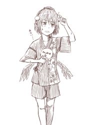 Rule 34 | 1girl, expressionless, feathered wings, hand fan, hat, kawashina (momen silicon), looking away, monochrome, open mouth, shameimaru aya, short hair, shorts, simple background, solo, sweat, tokin hat, touhou, white background, wings