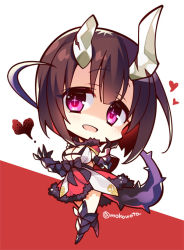 Rule 34 | 1girl, artist name, black gloves, breasts, broken horn, brown hair, capelet, chibi, cleavage, commentary request, dress, elbow gloves, eriko (princess connect!), fur trim, gauntlets, gloves, hair between eyes, heart, horns, komowata haruka, large breasts, looking at viewer, open mouth, princess connect!, red dress, red eyes, short hair, solo, spiked tail, symbol-shaped pupils, tail