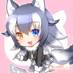Rule 34 | 10s, 1girl, animal ears, black hair, blue eyes, blush, breasts, chibi, cleavage, fang, fur collar, gloves, grey wolf (kemono friends), heterochromia, kemono friends, long hair, long sleeves, looking at viewer, multicolored hair, necktie, open mouth, pencil, shibi, skirt, solo, tail, two-tone hair, wolf ears, wolf tail, yellow eyes