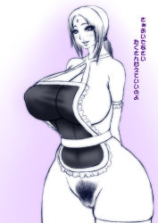 Rule 34 | 1girl, apron, arm garter, arms behind back, blush, breasts, censored, chinbotsu, cleavage, cleft of venus, facial mark, female pubic hair, forehead mark, huge breasts, monochrome, naked apron, naruto, naruto (series), pubic hair, pussy, solo, standing, text focus, translation request, tsunade (naruto)