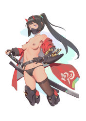 Rule 34 | 1girl, bigrbear, bikini, bikini bottom only, black bikini, black gloves, black hair, black thighhighs, blue eyes, breasts, chinese commentary, commentary request, fingerless gloves, gloves, green scrunchie, highres, horns, katana, long hair, mask, mechanical arms, mechanical legs, medium breasts, nipples, original, ponytail, scrunchie, simple background, single horn, single thighhigh, solo, swimsuit, sword, thighhighs, weapon, white background