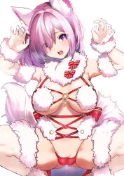 Rule 34 | 1girl, absurdres, animal ears, bad id, bad pixiv id, bare shoulders, bow, breasts, cameltoe, claw pose, cleavage, cleft of venus, elbow gloves, fate/grand order, fate (series), fur-trimmed gloves, fur-trimmed legwear, fur collar, fur trim, gloves, hair over one eye, highres, kise itsuki, lace, lace-trimmed legwear, lace trim, large breasts, light purple hair, looking at viewer, mash kyrielight, mash kyrielight (dangerous beast), navel, o-ring, official alternate costume, purple eyes, pussy, pussy juice, pussy juice trail, pussy peek, red bow, revealing clothes, short hair, solo, squatting, tail, white gloves, white legwear, wolf ears, wolf tail