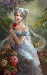 Rule 34 | 1girl, bare shoulders, bead bracelet, bead necklace, beads, bishoujo senshi sailor moon, blue eyes, bracelet, branch, detached sleeves, double bun, dress, flower, hair bun, hand on own chest, holding, jewelry, leaf, long hair, nature, necklace, pearl bracelet, pearl necklace, peony (flower), pink lips, princess serenity, red flower, red rose, rose, silver hair, sitting, solo, strapless, strapless dress, tsukino usagi, twintails, very long hair, white dress, wisteria, yinse qi ji