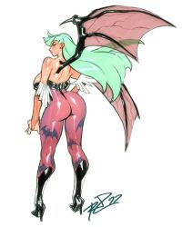 Rule 34 | 1girl, ass, backboob, breasts, cleavage, cleavage cutout, clothing cutout, contrapposto, demon girl, demon wings, from behind, green hair, high heels, highres, large breasts, leotard, long hair, looking at viewer, looking back, monster girl, morrigan aensland, pantyhose, revealing clothes, robaato, robert porter, sagging breasts, solo, tagme, vampire (game), veins, veiny wings, wings