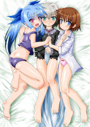 Rule 34 | 3girls, bad feet, bare shoulders, barefoot, bed, blue eyes, blue hair, blush, brown hair, artistic error, green eyes, grey hair, hair ribbon, holding hands, light smile, long hair, lying, lyrical nanoha, mahou shoujo lyrical nanoha, mahou shoujo lyrical nanoha a&#039;s, mahou shoujo lyrical nanoha a&#039;s portable: the battle of aces, lord dearche, levi the slasher, stern the destructor, multicolored hair, multiple girls, off shoulder, open mouth, panties, purple eyes, regular mow, ribbon, shirt, short hair, tank top, twintails, underwear
