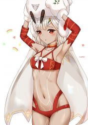 Rule 34 | 1girl, altera (fate), altera the santa (fate), animal, armpits, arms up, bare shoulders, blush, breasts, choker, collarbone, dark-skinned female, dark skin, detached sleeves, earmuffs, fate/grand order, fate (series), feet out of frame, full-body tattoo, headdress, highres, holding, holding animal, kumei, legs, lingerie, midriff, narrow waist, navel, open mouth, red eyes, sheep, short hair, simple background, small breasts, solo, standing, tagme, tan, tattoo, underwear, white hair