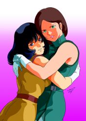 2girls belt black_hair blue_eyes breasts brown_hair emma_sheen fa_yuiry gloves green_eyes gundam highres hug looking_at_viewer military military_uniform multiple_girls pgmajimaji short_hair sleeveless smile white_gloves zeta_gundam