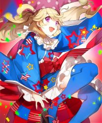 Rule 34 | 1girl, alternate costume, blonde hair, blue dress, blue thighhighs, clownpiece, dress, frills, hat, highres, jester cap, long hair, looking at viewer, neck ruff, no-kan, open mouth, petticoat, purple eyes, red sash, sandals, sash, sitting, sleeves past wrists, smile, solo, star (symbol), star print, thighhighs, touhou, wide sleeves, zettai ryouiki