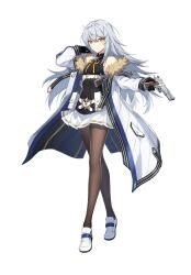 Rule 34 | bare shoulders, belt, black gloves, counter:side, full body, fur trim, gaeun (counter:side), gloves, gun, highres, holding, holding gun, holding weapon, holster, holstered, jacket, long hair, long sleeves, neck ribbon, official art, pantyhose, pleated skirt, ribbon, shirt, skirt, sleeveless, sleeveless shirt, transparent background, trigger discipline, weapon, white hair, yellow eyes