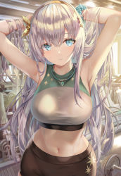 Rule 34 | 1girl, anastasia (fate), armpits, arms behind head, arms up, bad id, bad twitter id, bare arms, bare shoulders, bike shorts, black shorts, blue eyes, breasts, cowboy shot, crop top, dumbbell, fate/grand order, fate (series), hairband, highres, jewelry, large breasts, long hair, looking at viewer, midriff, navel, necklace, parted lips, scrunchie, shirt, short shorts, shorts, silver hair, sleeveless, sleeveless shirt, solo, stomach, sweat, torino aqua, very long hair, white shirt, wrist scrunchie