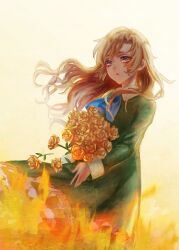 Rule 34 | 1girl, akano sakura, ascot, blonde hair, blue ascot, bouquet, clothes lift, collar, collared dress, commentary, cowboy shot, dress, dress lift, dropping, eyelashes, flower, frilled dress, frills, green dress, green eyes, green sleeves, hair lift, holding, holding bouquet, ib (kouri), light blush, long hair, long sleeves, looking down, mary (ib), medium dress, parted lips, petals, rose, simple background, solo, wavy hair, white collar, wind, wind lift, yellow background, yellow flower, yellow rose