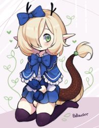 Rule 34 | 1girl, artist name, bellavoirr, between legs, black footwear, black thighhighs, blonde hair, blue bow, blue bowtie, blue capelet, blue skirt, blue sleeves, blush, boots, bow, bowtie, capelet, child, closed mouth, dot mouth, dragon girl, dragon tail, female focus, flat chest, frilled capelet, frills, full body, green eyes, hair bow, hair over one eye, hand between legs, heart, highres, holding own arm, horns, kneeling, long sleeves, looking to the side, medium hair, miniskirt, original, plant, pleated skirt, pointy ears, raglan sleeves, shirt, sidelocks, signature, skindentation, skirt, solo, tail, thigh boots, thighhighs, thighs, vines, white shirt, zettai ryouiki