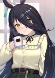 Rule 34 | 1girl, ahoge, animal ears, belt, belt buckle, black belt, black hair, black ribbon, blurry, blurry background, blush, breasts, brown eyes, brown shirt, buckle, closed mouth, commentary request, cup, depth of field, ear piercing, eyes visible through hair, frilled shirt, frills, hair over one eye, head tilt, highres, holding, holding cup, horse ears, long hair, long sleeves, manhattan cafe (umamusume), mug, neck ribbon, piercing, puffy long sleeves, puffy sleeves, revision, ribbon, shirt, sleeves past wrists, small breasts, smile, solo, umamusume, uneg, upper body, very long hair, window