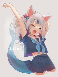 Rule 34 | 1girl, animal ears, arms up, blue hair, cat ears, closed mouth, cube hair ornament, fins, fish tail, gawr gura, gawr gura (casual), hair ornament, highres, hololive, hololive english, midriff, multicolored hair, open mouth, pleated skirt, school uniform, serafuku, shark girl, shark tail, sharp teeth, short sleeves, side ponytail, skirt, solo, streaked hair, tail, teeth, toro astro, uniform, virtual youtuber, white hair