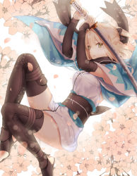 Rule 34 | 1girl, arm guards, arm warmers, black scarf, blonde hair, bloom, boots, bow, breasts, bright background, brown footwear, cape, cherry blossoms, eyebrows, fate/grand order, fate (series), from side, hair bow, holding, holding sword, holding weapon, japanese clothes, katana, kimono, koha-ace, looking at viewer, medium breasts, obi, okita souji (fate), okita souji (koha-ace), parted lips, petals, sabu (sabudenego), sash, scarf, shinsengumi, short hair, short kimono, solo, sword, thigh boots, thighhighs, thighs, toeless footwear, toeless legwear, weapon, wide sleeves, yellow eyes, zettai ryouiki