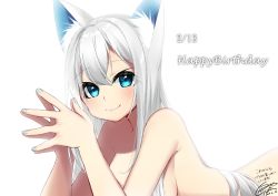 Rule 34 | 1girl, absurdres, animal ears, aqua nails, arms at sides, artist name, backlighting, bad id, bad twitter id, blue eyes, blush, borrowed character, breasts, cat ears, closed mouth, commentary request, dated, fingers together, hair between eyes, happy birthday, highres, large breasts, long hair, looking at viewer, lying, miyakura shiiha, nail polish, on stomach, original, own hands together, signature, silver hair, simple background, smile, solo, the pose, white background