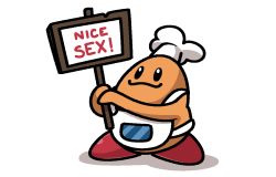 Rule 34 | :3, apron, arms up, black eyes, chef hat, chef kawasaki, closed mouth, english text, full body, happy, hat, holding, holding sign, jaggy lines, kirby (series), nintendo, sign, simple background, smile, solo, standing, vilepluff, white apron, white background, white hat