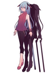 Rule 34 | 1bitheart, 1girl, bead bracelet, beads, belt chain, black pants, blue hair, bracelet, cane, full body, holding, holding cane, jewelry, long hair, looking at viewer, miwasiba, official art, ono momori, pants, parted lips, pink eyes, red footwear, red shirt, shirt, sleeveless, sleeveless shirt, slippers, smile, solo, transparent background, wrist cuffs