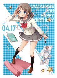 Rule 34 | 1girl, :q, aozora jumping heart, ayami chiha, black socks, blue eyes, blue scrunchie, bow, bowtie, brown footwear, buttons, character name, commentary request, copyright name, dated, double-breasted, drawing, fabric, full body, grey hair, grey skirt, happy birthday, highres, kneehighs, koi ni naritai aquarium, loafers, long sleeves, looking at viewer, love live!, love live! sunshine!!, mechanical pencil, notebook, pencil, plaid, plaid background, pleated skirt, polka dot, polka dot scrunchie, ponytail, red bow, red bowtie, salute, school uniform, scrunchie, serafuku, shoes, skirt, socks, solo, standing, star (symbol), tape measure, tongue, tongue out, uranohoshi school uniform, watanabe you