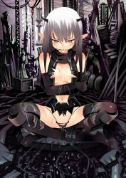 Rule 34 | 1girl, assassin cross (ragnarok online), bad id, bad pixiv id, black thighhighs, blush, breasts, cum, cum on body, cum on clothes, cum on upper body, elbow gloves, fangs, fireflysnow, gag, gagged, gloves, grey hair, highres, horns, indian style, injury, long hair, medium breasts, navel, nipples, pointy ears, pussy, ragnarok online, red eyes, scarf, sitting, solo, tears, thighhighs, torn clothes, uncensored