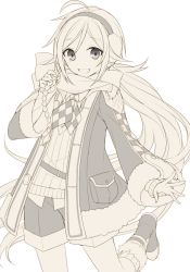 Rule 34 | ahoge, androgynous, boots, braid, earmuffs, gender request, greyscale, hijiri (resetter), jacket, long hair, looking at viewer, monochrome, open clothes, open jacket, scarf, shorts, single braid, solo, sweater, white background, unfinished