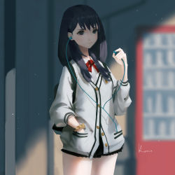 Rule 34 | 1girl, 2018, absurdres, bare legs, black hair, blue eyes, bow, bowtie, cardigan, collared shirt, day, earbuds, earphones, gridman universe, hand in pocket, highres, listening to music, long hair, microskirt, orange scrunchie, pleated skirt, red bow, red bowtie, scrunchie, shirt, signature, skirt, solo, ssss.gridman, standing, straight hair, sweater, takarada rikka, vafar7, white cardigan, white shirt, white sweater, wrist scrunchie