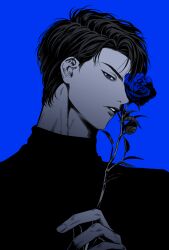 Rule 34 | 1boy, alternate hairstyle, blue theme, chibunyam, fingernails, flower, hand up, head tilt, highres, holding, holding flower, lips, looking at viewer, male focus, monochrome, one eye covered, parted lips, profile, rose, rukawa kaede, short hair, simple background, slam dunk (series), solo, turtleneck, upper body