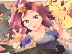 Rule 34 | 1girl, :d, acerola (pokemon), banette, blue dress, claw pose, collarbone, commentary request, creatures (company), dress, eyelashes, flipped hair, game freak, gen 3 pokemon, gen 7 pokemon, hair ornament, hairclip, hands up, looking at viewer, mimikyu, misha (ohds101), multicolored clothes, multicolored dress, nintendo, open mouth, pokemon, pokemon (creature), pokemon sm, purple hair, short sleeves, smile, star (symbol), stitches, tongue, topknot, torn clothes, torn dress