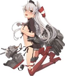 Rule 34 | 10s, 1girl, amatsukaze (kancolle), black panties, blush, brown eyes, covering privates, covering breasts, dress, full body, high heels, kantai collection, lace, lace-trimmed panties, lace trim, long hair, machinery, official art, panties, personification, rensouhou-chan, rensouhou-kun, sailor dress, shizuma yoshinori, short dress, side-tie panties, silver hair, solo, thighhighs, torn clothes, torn dress, torn thighhighs, transparent background, underwear, zettai ryouiki