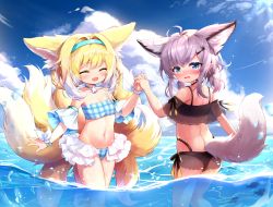 Rule 34 | 2girls, absurdres, ahoge, animal ear fluff, animal ears, arknights, ass, bikini, black bikini, blonde hair, blue bikini, blue choker, blue eyes, blue hairband, blue sky, blush, braid, breasts, choker, closed eyes, cloud, cloudy sky, collarbone, day, detached sleeves, extra ears, feet out of frame, fox ears, fox girl, fox tail, frilled bikini, frills, from behind, hair between eyes, hair intakes, hair over shoulder, hairband, hehehzb, highres, holding hands, looking at viewer, looking back, medium hair, multicolored hair, multiple girls, multiple tails, navel, ocean, off-shoulder bikini, off shoulder, open mouth, outdoors, partially underwater shot, plaid, plaid bikini, purple hair, sidelocks, sky, small breasts, standing, sussurro (arknights), suzuran (arknights), swimsuit, tail, tail raised, thighhighs, twin braids, twintails, two-tone hair, wading, water, wavy mouth, wet, white hair, wristband