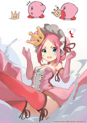 Rule 34 | 1girl, ^^^, absurdres, artist name, bare shoulders, blue brooch, blue eyes, blush stickers, bonnet, breasts, clenched hand, collarbone, commentary, crown, dress, elbow gloves, facebook username, frilled dress, frilled hat, frills, gloves, hat, highres, kirby, kirby (series), kobi (piliheros2000), looking at viewer, mario (series), mini crown, new super mario bros. u deluxe, nintendo, no panties, open mouth, outstretched leg, parted bangs, personification, pink dress, pink gloves, pink hair, pink hat, pixiv id, ribbon-trimmed gloves, ribbon-trimmed legwear, ribbon trim, sidelocks, simple background, small breasts, strapless, strapless dress, super crown, surprised, thighhighs, transformation, twitter username, v-shaped eyebrows, w arms, wavy mouth, white background