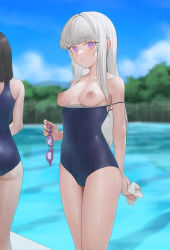 Rule 34 | 2girls, black hair, blue one-piece swimsuit, blue sky, blurry, blurry background, blush, breasts, closed mouth, clothes pull, cloud, commentary request, feet out of frame, fence, goggles, holding, holding goggles, long hair, looking at viewer, medium breasts, multiple girls, ni (221), nipples, one-piece swimsuit, one-piece swimsuit pull, original, outdoors, pool, purple eyes, sky, smile, solo focus, swimsuit, tree, white hair
