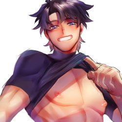 Rule 34 | 1boy, bad id, bad twitter id, black hair, blue eyes, clothes lift, fate/grand order, fate (series), fujimaru ritsuka (male), looking at viewer, male focus, nipples, pectorals, shirt lift, short hair, simple background, smile, solo, toned, toned male, upper body, white background