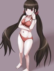 Rule 34 | 1girl, arm under breasts, barefoot, bikini, blunt bangs, bracelet, breasts, brown hair, cleavage, closed mouth, collarbone, danganronpa (series), danganronpa s: ultimate summer camp, danganronpa v3: killing harmony, foot out of frame, gradient background, grey background, hair ornament, harukawa maki, jewelry, long hair, looking at viewer, mole, mole under eye, navel, official alternate costume, pout, red bikini, red eyes, scrunchie, standing, stomach, swimsuit, twintails, very long hair, vierosky