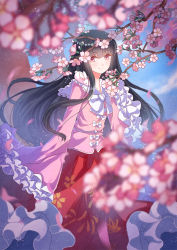 Rule 34 | 1girl, animal, animal on shoulder, black hair, blue sky, blurry, bow, branch, cherry blossoms, closed mouth, day, depth of field, eyebrows, flower, frilled sleeves, frills, houraisan kaguya, li luo, long hair, long sleeves, petals, pink shirt, rabbit, red eyes, red skirt, shirt, signature, skirt, sky, smile, solo, touhou, tree, very long hair, white bow, wide sleeves