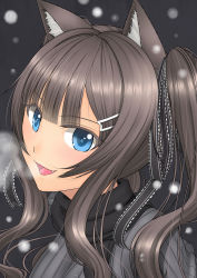 Rule 34 | 1girl, :3, animal ears, blue eyes, blunt bangs, blush, breath, brown hair, cat ears, close-up, fang, hair ornament, hair ribbon, hairclip, highres, kai (link2262), long hair, looking at viewer, open mouth, original, ribbed sweater, ribbon, scarf, smile, snow, snowing, solo, sweater, twintails