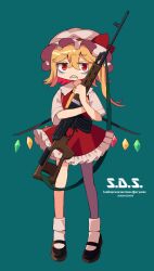 Rule 34 | 1girl, bags under eyes, blonde hair, crystal wings, dragunov svd, dress, flandre scarlet, frilled dress, frills, frown, full body, green background, gun, highres, mary janes, red dress, red eyes, rifle, shoes, simple background, sniper rifle, socks, solo, touhou, touya (konpekitou), weapon, white mob cap