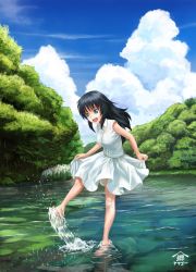 Rule 34 | 10s, 1girl, :d, abazu-red, artist name, barefoot, blue eyes, blue hair, character name, cloud, cloudy sky, commentary request, day, dress, full body, girls und panzer, highres, kicking, leaning forward, open mouth, outdoors, pond, signature, skirt hold, sky, sleeveless, sleeveless dress, smile, solo, splashing, standing, standing on one leg, tree, wading, yamagou ayumi