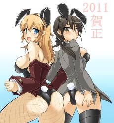 Rule 34 | 10s, 2011, 2girls, animal ears, ass, back-to-back, bad id, bad pixiv id, black hair, blonde hair, blue eyes, blush, breasts, brown eyes, cameltoe, charlotte e. yeager, fake animal ears, fishnet pantyhose, fishnets, gertrud barkhorn, large breasts, leotard, looking back, momio, multiple girls, open mouth, pantyhose, playboy bunny, rabbit ears, rabbit girl, rabbit tail, sideboob, strike witches, tail, tailcoat, thighhighs, world witches series, yuri