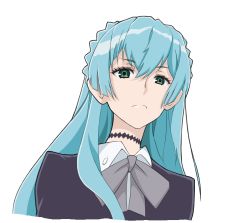 Rule 34 | 1girl, black jacket, blue hair, bow, braid, closed mouth, collar, commentary request, frown, green eyes, grey bow, grey neckwear, hair between eyes, jacket, kiznaiver, long hair, looking at viewer, neckwear request, school uniform, shirt, simple background, solo, sonozaki noriko, takahara ayumu, upper body, white background, white shirt