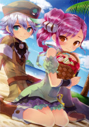 Rule 34 | &gt;:), 1boy, 1girl, ahoge, arm support, asymmetrical bangs, azel (rune factory), bare shoulders, basket, beach, belt, black bow, blush, boots, bow, brown eyes, brown footwear, brown hat, closed mouth, cloud, collarbone, day, detached sleeves, dress, dutch angle, facial scar, food, frilled sleeves, frills, from side, green dress, green eyes, hair ornament, hair scrunchie, hat, highres, holding, kasukabe akira, looking at viewer, looking to the side, odette (rune factory), on ground, outdoors, palm tree, pants, picnic, puffy short sleeves, puffy sleeves, purple hair, rune factory, rune factory oceans, sand, sandwich, scan, scar, scar on cheek, scar on face, scrunchie, shoes, short sleeves, side ponytail, silver hair, sitting, sky, sleeveless, sleeveless dress, sparkle, swept bangs, tree, v-shaped eyebrows, wariza, water, wavy mouth