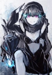 Rule 34 | 10s, 1girl, abyssal ship, backpack, bag, bikini, black bikini, black scarf, glowing, glowing eyes, grin, highres, hood, hoodie, kantai collection, machinery, pale skin, purple eyes, re-class battleship, salute, scarf, short hair, smile, solo, striped clothes, striped scarf, swimsuit, tail, ten (cherry61897)